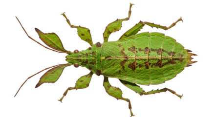 Close-up of a vibrant, green insect resembling a leaf, perched on a branch in a lush forest setting