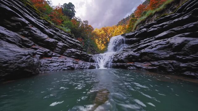 A serene waterfall video captured from a low-angle, showcasing lush greenery and rocky cliffs, creating a tranquil, immersive nature scene.