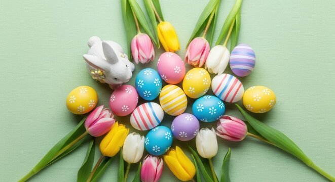 Springtime Celebration With Colorful Easter Eggs And Tulips A Festive Arrangement