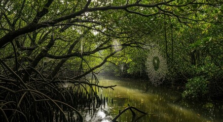 Mangrove Creek: Serene Dew-Kissed Spiderwebs in Lush Green