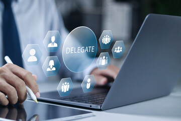 Delegation concept, business work organization and management, Supervisors delegate work rights to...