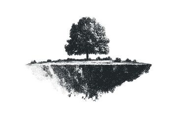 Isolated floating island with a single tree and reflection on transparent background. Vector hand drawn illustration