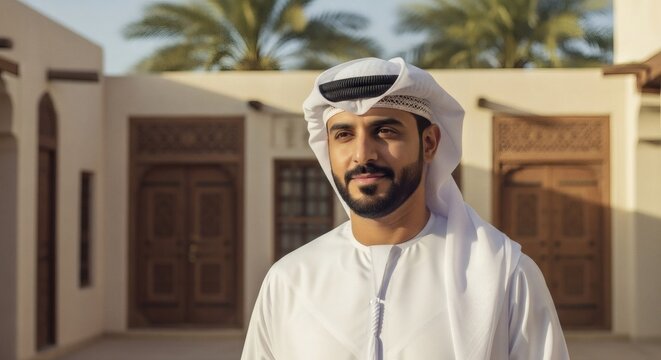 Man arabic in traditional Emirati attire smiling outdoors