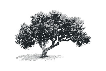 Obraz premium Grayscale Halftone Tree with Branches and Leaves. Vector hand drawn illustration