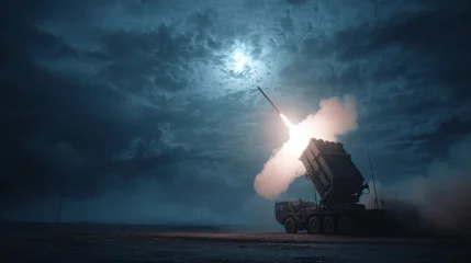 a nighttime scene at a military base where a patriot missile system is actively engaged in a missile launch © Imron