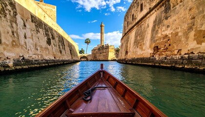 Boat view down a narrow canal lined by stone walls to a distant pillar under a bright sky