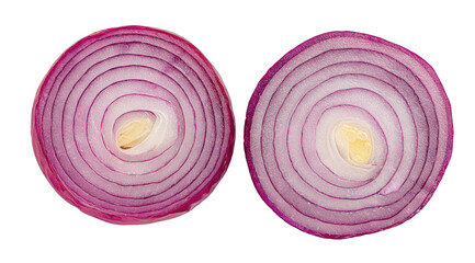 Two cross-sections of a red onion, revealing concentric layers of  purple-red flesh and a pale yellow core