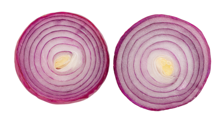 Two cross-sections of a red onion, revealing concentric layers of  purple-red flesh and a pale yellow core