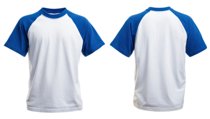 Front and back view of a plain white t-shirt with royal blue raglan sleeves