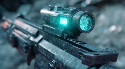 Fototapeta premium a high tech sniper rifle with an advanced scope, set against a futuristic environment characterized by icy textures and a neon blue light effect