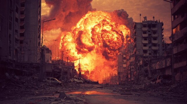 an intense scene of destruction, with a large explosion at the center of a city street. surrounding buildings are severely damaged, and debris is strewn across the area