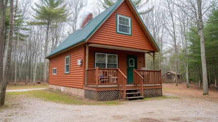 Obraz premium Cozy Cabin Retreat Surrounded by Trees in a Serene Forest Setting