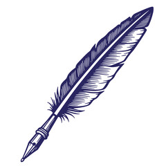 Detailed dark blue quill pen drawn with engraving style on white background