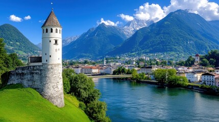 Scenic Landscape with Tower, River, Mountains and Village View