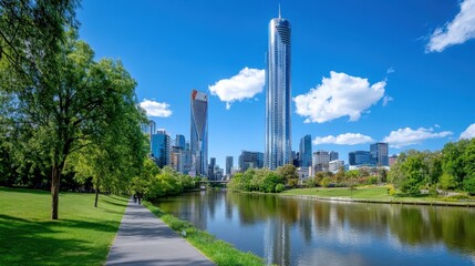 Scenic City Park with River and Modern Skyscrapers on Bright Day