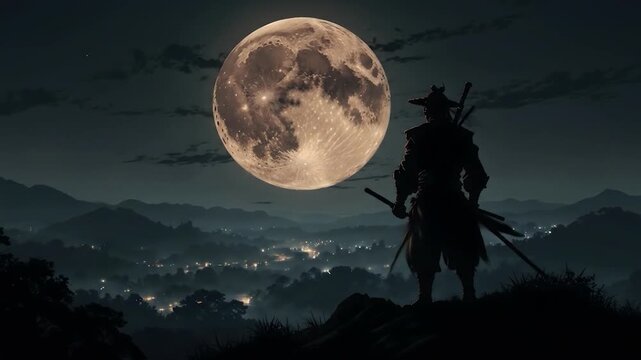 Ronin Silhouette Standing under Full Moon