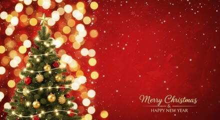 Beautiful Christmas Tree Decorated with Lights and Ornaments on a Red Background with Bokeh Effects