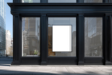 Urban storefront with empty poster frame offering advertising and branding opportunities