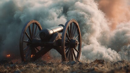 an old fashioned cannon amidst the smoke of battle, suggesting a historical war scene
