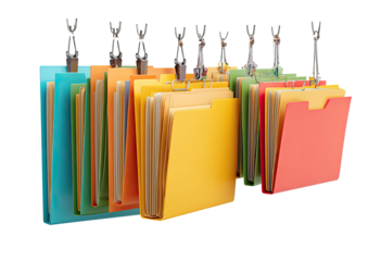 Colorful file folders, hanging from metal clips, lined up