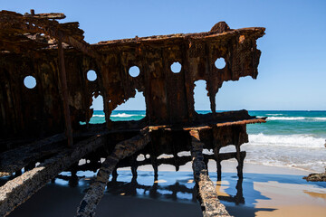 S.S. Maheno shipwreck on the beach of Fraser Island, K'gari beach track, great sandy national park.