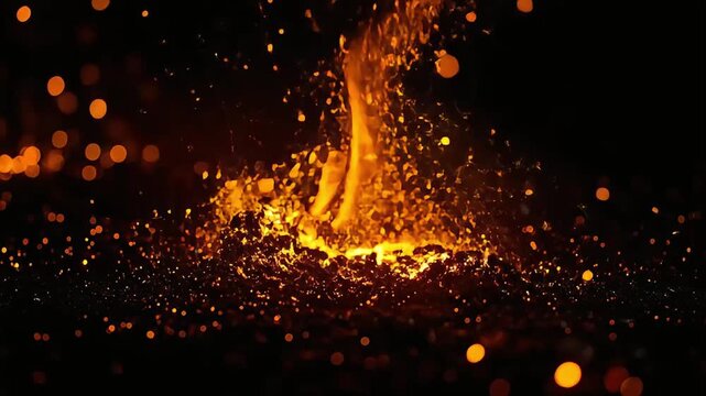 Dynamic swirl of incandescent sparks and molten lava particles exploding in a fiery vortex against a dark, dramatic background