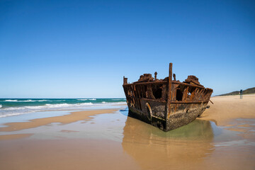 S.S. Maheno shipwreck on the beach of Fraser Island, K'gari beach track, great sandy national park.