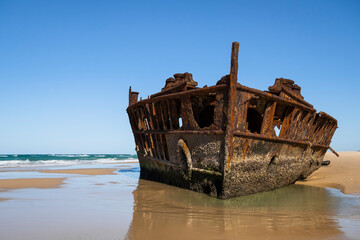 S.S. Maheno shipwreck on the beach of Fraser Island, K'gari beach track, great sandy national park.