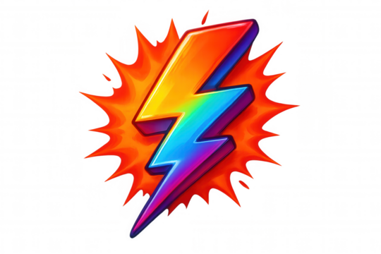 Vivid lightning bolt striking with dynamic orange splash, representing electrical energy and power against transparent backdrop