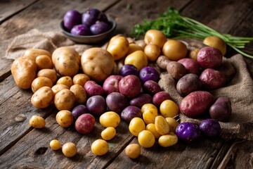 Assorted Fresh Potatoes on Rustic Wooden Table with Herbs