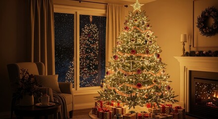 Obraz premium Cozy Christmas Living Room Scene with Decorated Tree and Fireplace