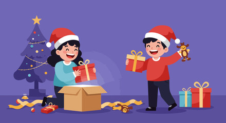 A delightful Flat Design vector illustration depicting two joyful children eagerly opening their Christmas presents. This clean, modern 2D artwork perfectly captures the pure excitement and happiness 