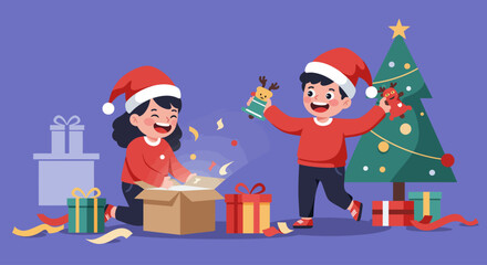 A delightful Flat Design vector illustration depicting two joyful children eagerly opening their Christmas presents. This clean, modern 2D artwork perfectly captures the pure excitement and happiness 