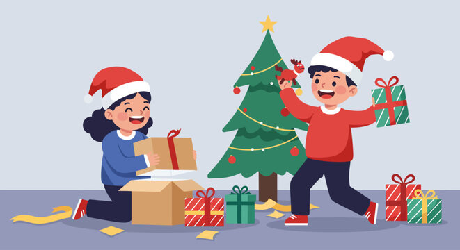 A delightful Flat Design vector illustration depicting two joyful children eagerly opening their Christmas presents. This clean, modern 2D artwork perfectly captures the pure excitement and happiness 
