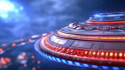 Obraz premium Futuristic Spaceship with Bright Lights and Dark Cosmic Background