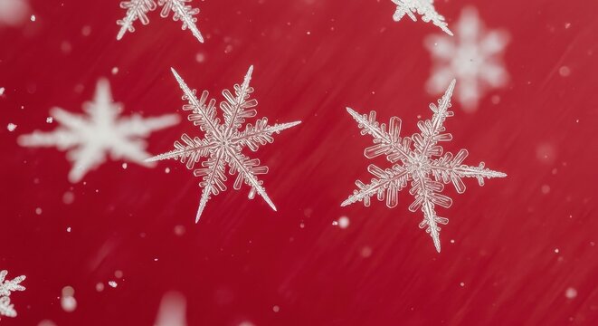 Close up of delicate snowflakes falling gently against a vibrant red background - Powered by Adobe