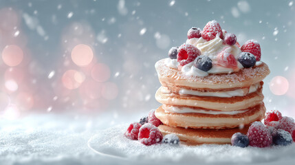 Delicious pancakes stacked high with white cream and fresh berries, creating delightful winter treat amidst snowy backdrop