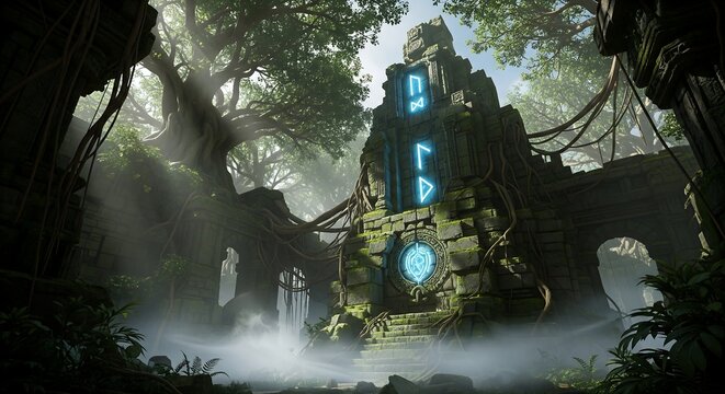 Mysterious ancient jungle temple ruins with glowing blue runes and mystical fog