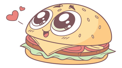 Adorable Cartoon Burger with Big Eyes and Floating Hearts Illustration