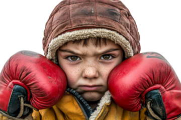Determined Young Boy with Freckles Wearing Old Boxing Gloves in a Serious Expression with a Worn-Out Jacket Against a Clean Background