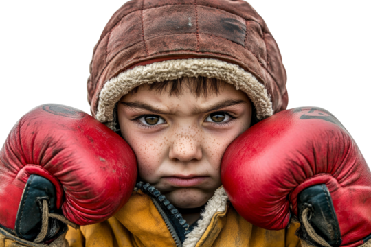 Determined Young Boy with Freckles Wearing Old Boxing Gloves in a Serious Expression with a Worn-Out Jacket Against a Clean Background