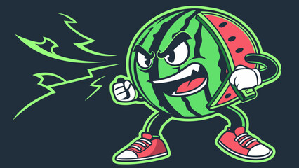 Cartoon Watermelon Character with Angry Expression and Red Sneakers