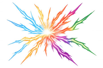 Colorful lightning bolts spreading from a central bright light source, creating a vibrant and dynamic visual on a transparent background