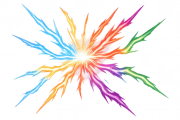 Colorful lightning bolts spreading from a central bright light source, creating a vibrant and dynamic visual on a transparent background