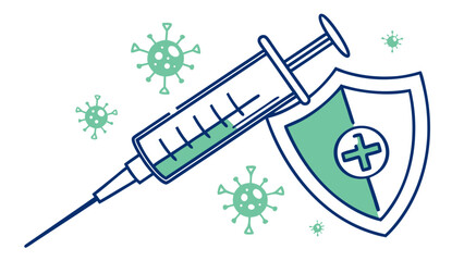 Stylized Vaccine Syringe with Shield and Virus Icons in Teal and Blue