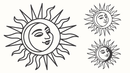 Three Vintage Sun and Moon Symbols with Faces