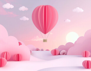 恋愛やウェディングに使える可愛いパステルピンク熱気球の幻想背景