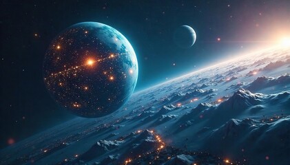 Futuristic Space Colony Illuminated Advertisement Orbiting a Distant Planet