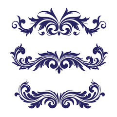 Fototapeta premium Elegant decorative floral swirls in navy blue isolated on white background