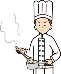 ミルクパンでスープを調理する男性コック